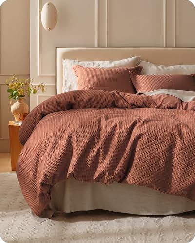Image of Bedsure Cotton Duvet Cover Queen - 100% Cotton Waffle Weave Burnt Orange Duvet Cover Queen Size, PureWoven Breathable Bedding Set for All Season, 3 Pieces, 90 inchx90 inch
