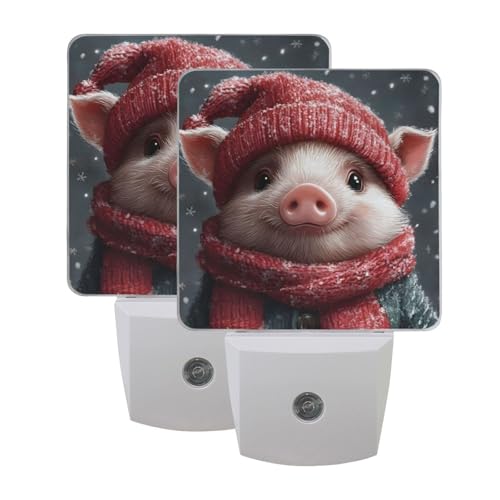Image of Christmas Pig Night Lights 2 Pack Plug-in Wall Led Nightlight Auto Dusk-to-Dawn Sensor Lamps for Bedroom Kitchen Bathroom