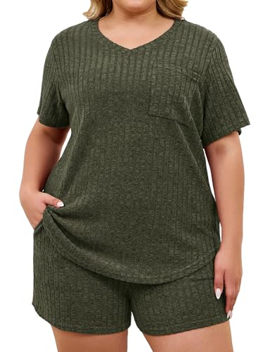 Koscacy Plus Size Lounge Set 2 Piece Short Sets for Women Short Sleeve Pajamas Sexy V Neck Matching Sets Women Clothing Ribbed Knit Soft Summer Pjs with Pockets Army Green 3XL
