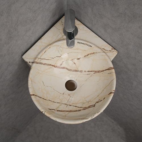 Image of REMOTION Wall Mounted Wash Basin for Bathroom | Wall Hung Corner Sink | Ceramic Round Wall Hung Wash Basin | Wall Hung Small Corner Basin (16.3 x 13.8 x 4.3 Inch) (Designer Beige Maroon)
