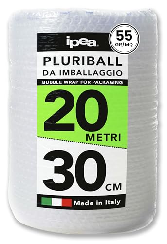 IPEA Rollo de Plástico de Burbujas para Embalaje y Envío – 20 Metros x 30 cm – Made in Italy – Pluriball   Burbujas de Aire Protección, Acolchado, Embalaje Objetos – Resistente Desgarro   55 gr/mq