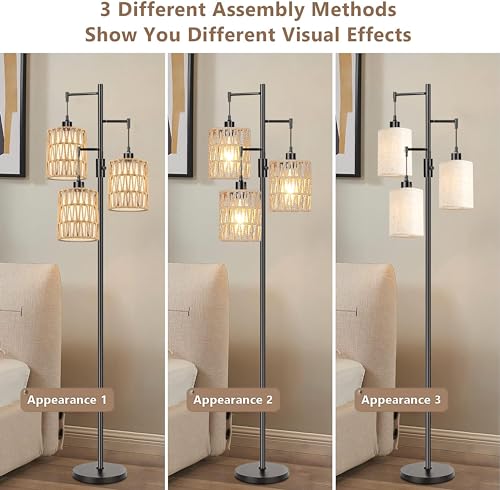 Image of ZECOXOL Boho Floor Lamp for Living Room Bedroom-3 Light Dimmable Floor Lamp with Three Led Bulb, Rustic Tall Lamp Black Standing Lamp Tree Floor Lamps for Living Room Bedroom,Office,Corner