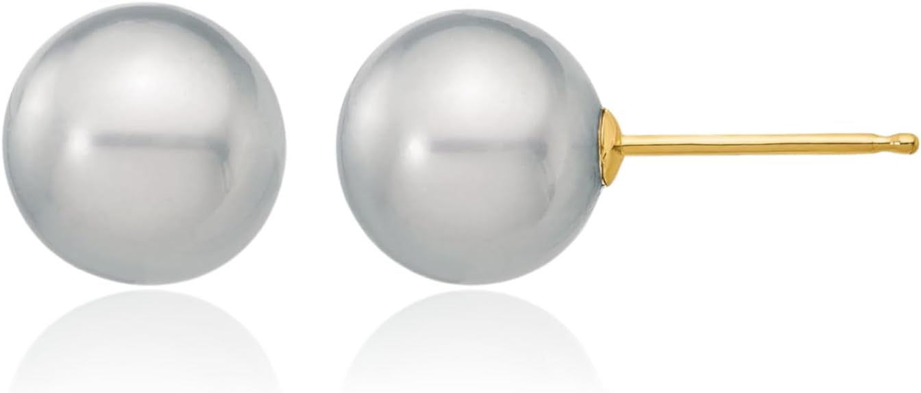 IceCarats 14K Solid Yellow Gold 8mm Freshwater Grey Pearl Large Stud Earrings Prong Set, Butterfly Back For Her
