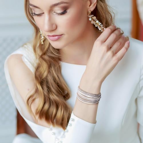 Image of Fesciory Leather Wrap Bracelets for Women, Boho Leopard Multi-Layer Crystal Beads Cuff Bracelet Jewelry