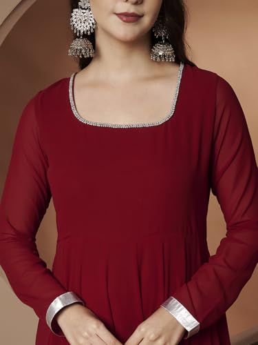 Image of KZA Women's Georgette Hand Embroidered Flared Anarkali Suit for Women | Full Sleeves Flare Anarkali Dress for Woman | Ethnic Flared Anarkali Kurta for Women