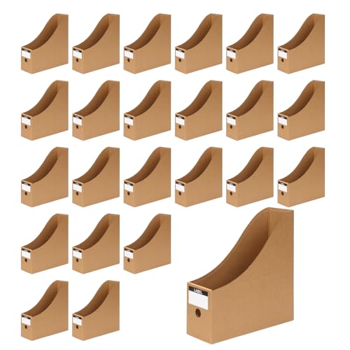 DIICCYO 24 Pcs Cardboard Magazine File Holders, Bulk Kraft Paper Magazine Book Bin Box with Label Sticker, Paper Organizer Storage Folder for School Classroom Office Library Home Supplies Desk Shelve