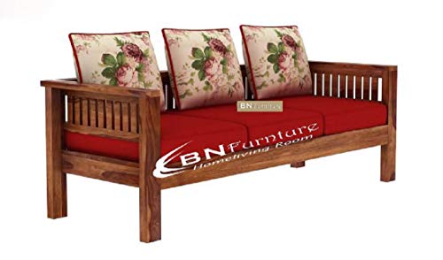 Image of BN Furniture Solid Sheesham Wood Sofa Set 6,5,3&2 Seater Cushioned Back for Living Room Stylish, Durable & Comfortable for Home, Office, Hall, Guest Room (red Cushion 3 Seater, 3 Seater)