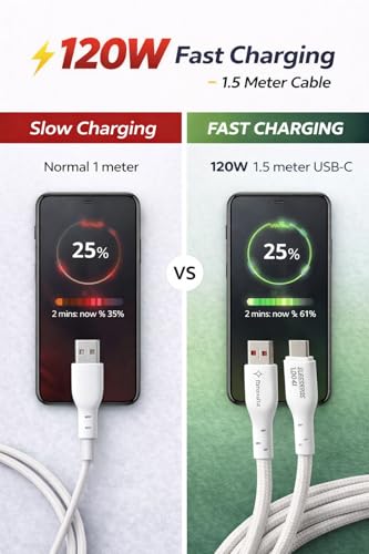 Image of USB Type-A to Type-C Fast Charging Cable, 120W SuperVOOC, Nylon Braided, 1.5 Meters, White (2, 150, Centimeters)