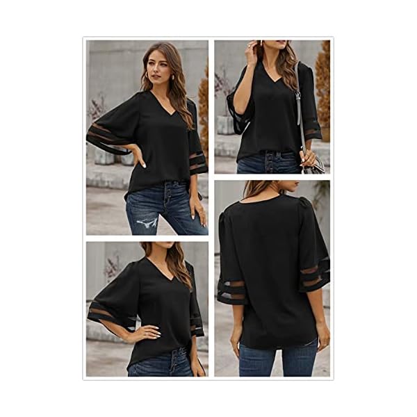 BLENCOT Womens 3/4 Bell Sleeve Fashion V Neck Lace Patchwork Blouse Casual Loose Shirt Tops Black, X-Large
