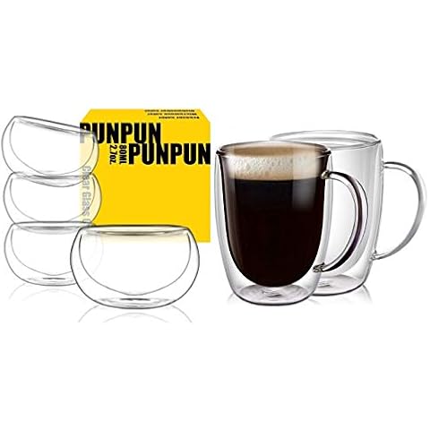 PunPun Bundle: 12.9oz Coffee Mugs (Set of 2) & 2.7oz Tea Cups (Set of 4) Clear Coffee Mugs and Tea Cups, Glass for Coffee and Tea, Double Wall Glass Cover
