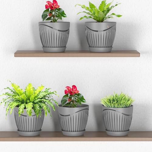 Image of ELUVIA Plastic Plant Pots with Drainage Holes and Trays - Set of 5 (6 Inch) - Minimalist Decorative Indoor Flower Pots for Living Room, Balcony & Office Garden (Grey)