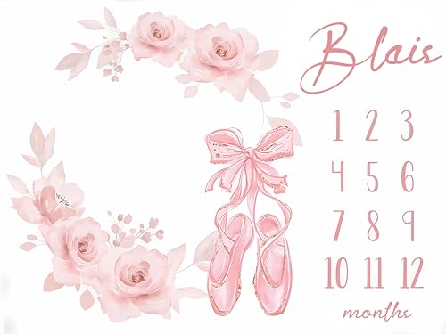 Image of OLIVE OLIVIA Personalized Baby Milestone Blanket, Custom Name, 60 inchx80 inch, Pink, Floral, Soft Flannel Fleece, Unisex, Winter, Modern, 1 Count