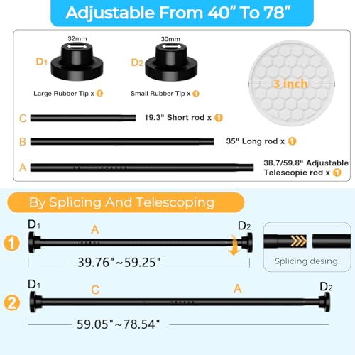 Image of MEXAU Black Tension Curtain Rod 40-78 Inch Long Tension Rod 1.26 inch Spring Tension Curtain Rod Adjustable Curtain Rods No Drilling Tension Shower Rod Curtain Tension Rod for Bathroom Windows Doorways