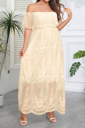 Image of Women's Off Shoulder Maternity Dress Swiss Dot Boho Baby Shower Dress