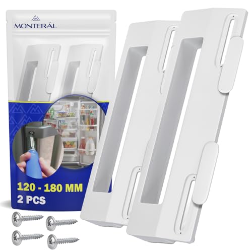 MONTERAL 2 Piezas Universal Tirador Puerta Frigorifico y Congelador Orificios para Montaje Distancia 120-180 mm Longitud 200 mm - Kit Incluye 4 Tapones y 4 Tornillos - Garantía de 10 Años