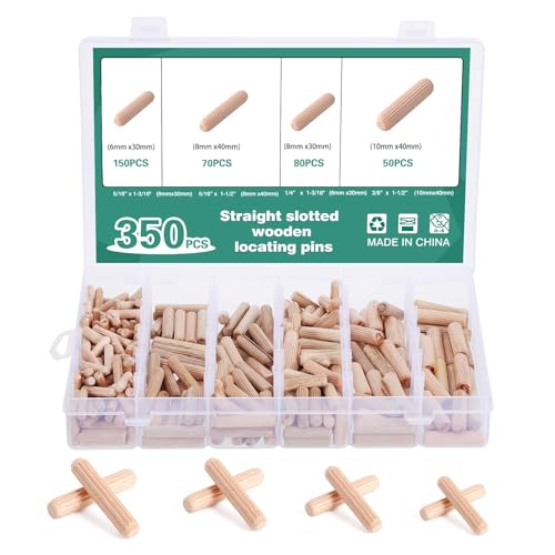 Faankiton 350 Stück Holzdübel Set Geriffelt 6x30/8x30/8x40/10x40mm Holz Dübelstifte mit Fase Hartholz Möbeldübel für Möbelbau Holzverarbeitung & Reparatur
