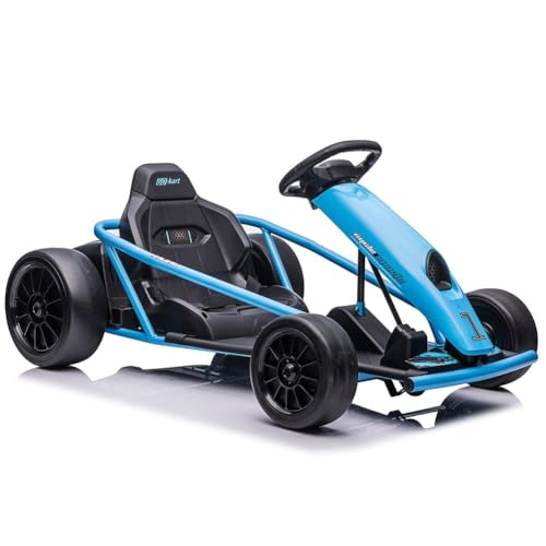 EuKer Go-Kart eléctrico Infantil 24V 600W con función Drift, Asiento Ajustable, música, claxon, Arranque Suave, hasta 13km/h y 70kg, para 6-12 años, Color Azul