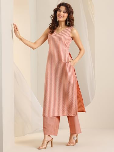 Image of Libas Woven Design Cotton Blend Straight Kurta with Palazzo and Dupatta
