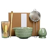 XPJBKC 5 Stück Matcha Set, Keramik Matcha Schale mit Ausguss, Macha Tea Set aus Matcha Besen, Matcha Löffel, Matcha Bowl, Sieb, Besenständer, Matcha Tee Set Geschenk für Teezeremonie Liebhabern