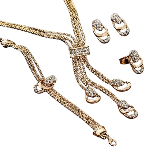 5 Pcs Gold Plated Crystal Jewellery Set for Women | Necklace, Bracelet, Earrings & Adjustable Ring Combo | Elegant Party, Wedding & Festive Fashion Jewellery Gift Set-image-33