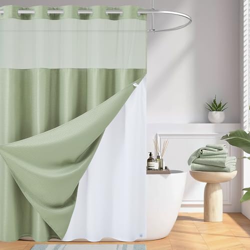 Waffle Weave No Hook Shower Curtain with Liner, Sage Green 71x84