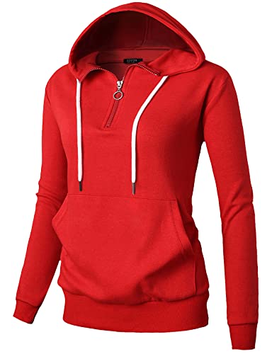 GIVON Womens Quarter Zip Pullover Hoodie 1/4 Zip Up High Neck RedCoral Hoodies Sweatshirt Lightweight Thin Cotton Blend / DCF201-REDCORAL-3XL