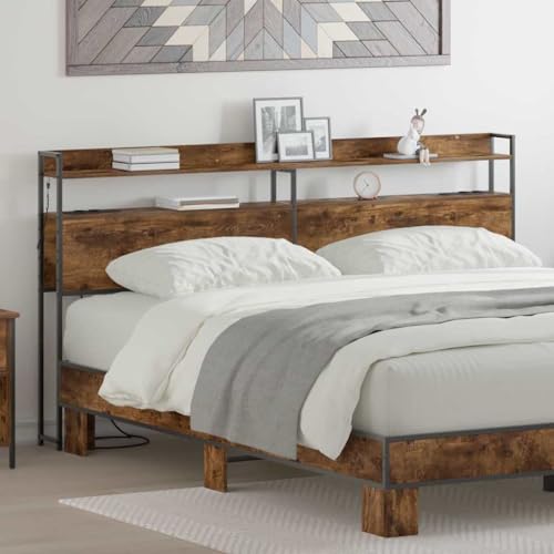 Teenpull Cabecero de madera de roble ahumado de 180 cm, con iluminación LED integrada, espacio de almacenamiento, para cama de matrimonio, dormitorio moderno