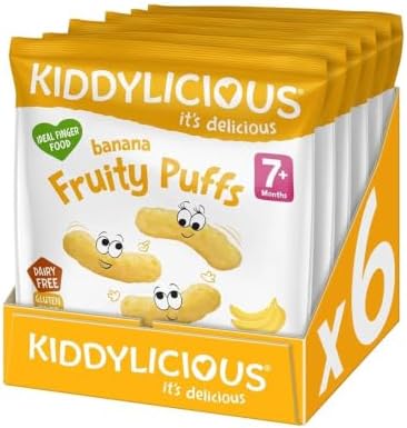 Kiddylicious Banana Fruity Puffs Pack of 6 (6x10g) | Baby & Toddler Snack from 7+ Months | Crumb-Free | No Added Sugar | Gluten-Free | Dissolvable Finger Food | Weaning Snack