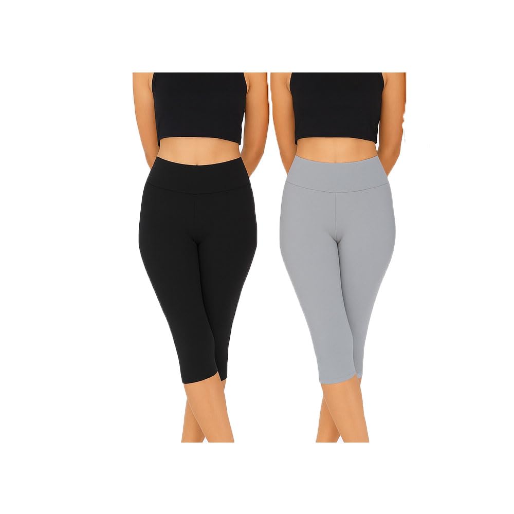 Womens Casual Regular Wear Cotton Blend Solid 3/4th Plain Capri for Girls Black, Grey 2Pack-picture-29