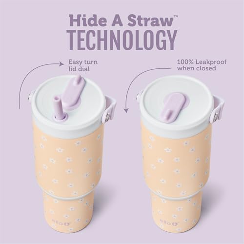 Image of Ello Oasis Go+ 32oz Tumbler with Top Handle and Retracting Straw | Reusable Insulated Stainless Steel Cup, 100% Leakproof Water Bottle, 24 Hours Cold, Cup Holder Friendly For Travel | Daisies