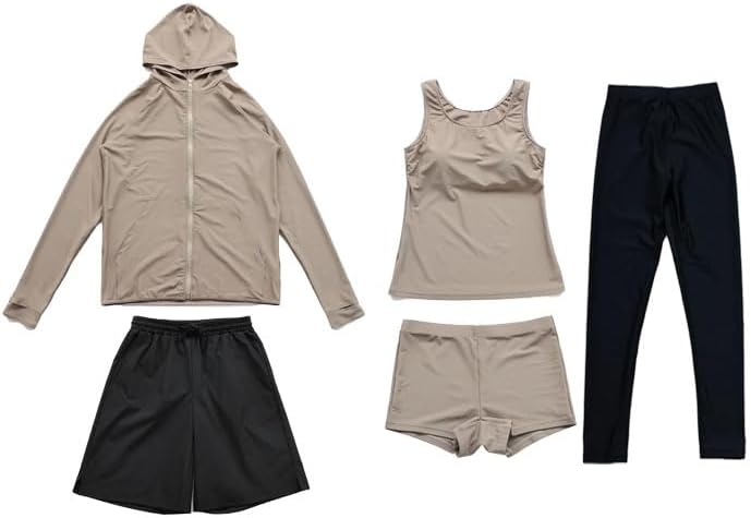 [KOUKOUCOCO] ファスナーつきラッシュバード レギンス 布帛パンツ タンキニ上下セット 水着5点セットレディース 体型カバ