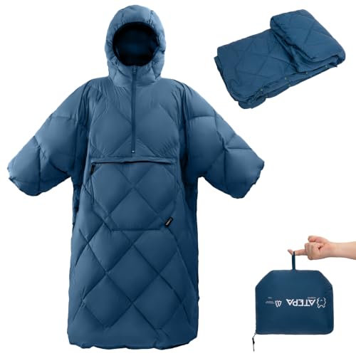 ATEPA Wearable Sleeping Bag Blanket Poncho Recycled Insulated Water-Resistant Camping Poncho with Hood Ultralight Packable Stadium Blanket for Hiking Fishing Backpacking BBQ & Outdoor Sports Blue