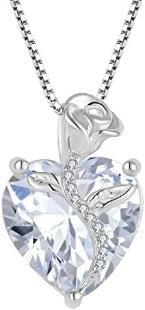 FJ Collier Pierre de Naissance pour Femme Argent Sterling 925 Collier Fleur Rose Coeur Bijoux Cadeaux pour Maman Épouse Femme Fille