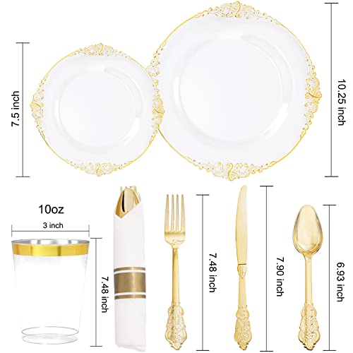 Hioasis 350Pcs Clear Gold Plastic Plates - Gold Disposable Plates For 50 Guests Include 50 Dinner Plates, 50 Salad Plates, 150 Gold Plastic Silverware, 50 Cups, 50 Rolled Napkins For Wedding & Party #TOP1
