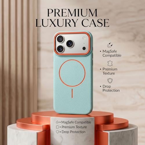Image of amazon basics Luxury MagSafe Compatible Leather Texture Back Cover for iPhone 17 Pro Max | Raised Camera Protection | Slim Fit Shockproof Case with Metallic Accents (Light Blue)