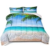 BDUCOK Ocean Comforter Set Queen Size Beach Bedding Set Tropical Palm Tree Hawaii Ocean Comforter Set Sunny Beach Coastal Nature Theme All Season Comforter Queen Size 1 Comforter wiht 2 Pillowcases