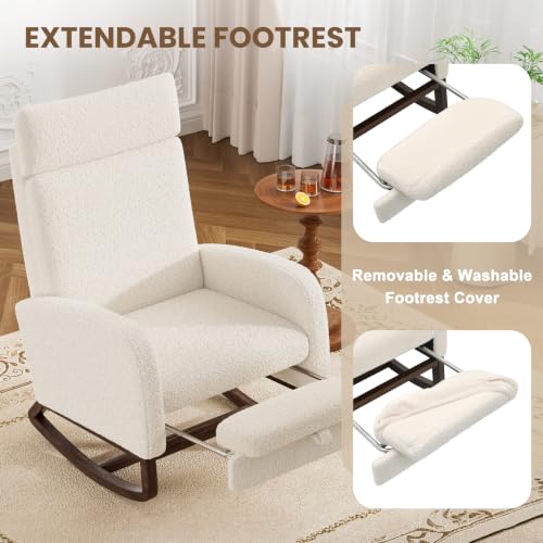Image of Teddy Nursery Rocking Chair, High Back Glider with Footrest, Beige | Teddy Rocking Chair Nursery with Footrest Storage Pocket Upholstered Accent Arm Chair for Living Room Bedroom Indoor