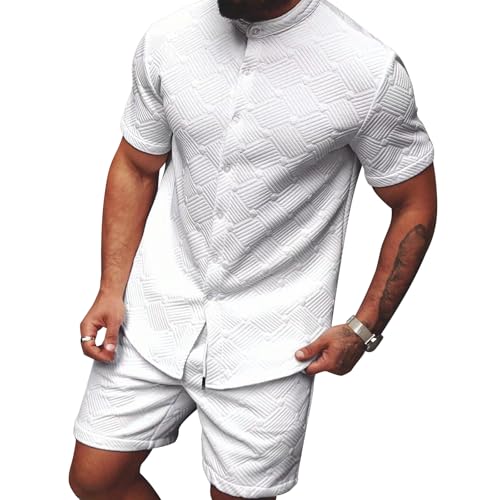 MANTORS Men's 2 Piece All White Outfits Summer Beach Button Down Shirt and Shorts Sets Crewneck XL