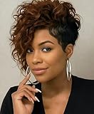 SEVENCOLORS Short Brown Curly Wigs for Black Women Pixie Cut Bob Wigs Synthetic Hair Short Wavy Wigs with Bangs Asymmetrical Brown and Black Wig