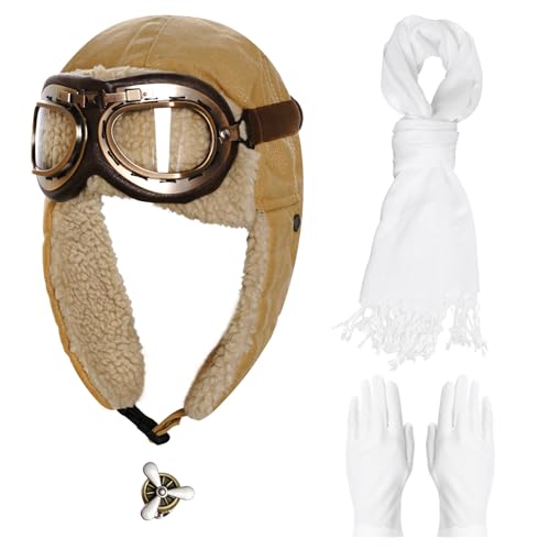 Image of Yolyoo 5Pcs Aviator Costume Accessories Set Pilot Costume Aviator Hat White Scarf Gloves Brooch for Adults Halloween Party
