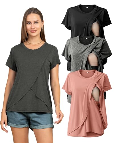 Image of Rnxrbb 3 Pack Women's Nursing Tops for Breastfeeding Summer Short Sleeve T Shirts Postpartum Double Layer Clothes