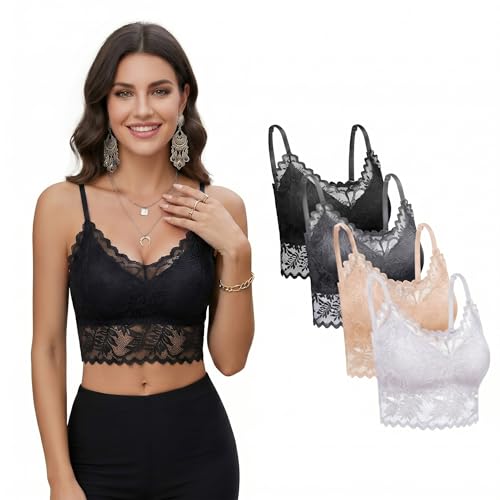 Image of Geyoga 4 Pcs Lace Bralette for Women V Neck Lace Camisole Adjustable Spaghetti Strap Crop Top Half Top