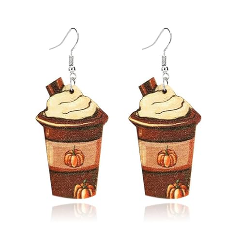 coadipress Cute Thanksgiving Turkey Pumpkin Maple Leaf Dangle Earrings for Women Lightweight Holiday Dangle Earrings Thanksgiving Fall Wooden Earrings (Coffee Cup B)