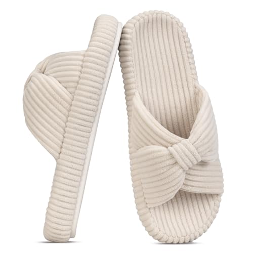 BUNYISCN Slippers for Women Memory Foam Women's Orthopedic Arch Support Open Toe House Bedroom Corduroy Bow Crossbands Slide House Slippers, Classic Beige, 7-8