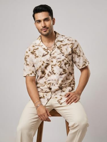 Image of OTTO Men's Cream and Brown Printed Casual Shirt | Slim Fit | Casual Shirts for Men