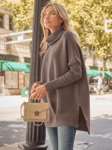 Image of LILLUSORY Women's Turtleneck Oversized Sweaters Long Batwing Sleeve Spilt Hem Tunic Pullover Knit Tops