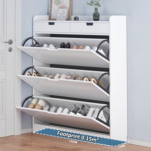 Zapatero compacto de 0,15 m² para pasillos con tres cajones de madera 6