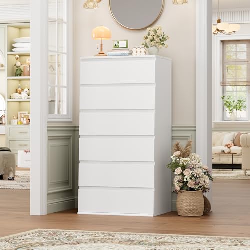 White Dresser, 6 Drawer Dresser with Handleless Drawer Cabinet