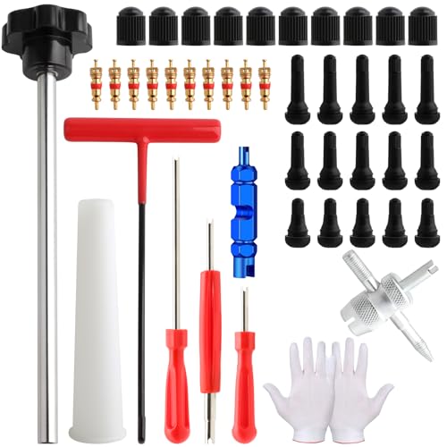 45 PCS Valve Stem Core Removal Replacement Tool Kit Tire Valve Stem Removal Tool and TR412 TR413 TR414 Tire Snap in Short Rubber Valve Stem 4 Way Valve Core Remover