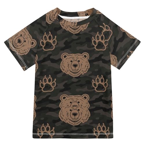 Animal Footprint Bear Coffee Brown Black Short Sleeve Little Girls Bathing Suitt Girls Swimsuit Teen Rash Guard Swimsuit for 3-12 Years trajes de bano para ninas